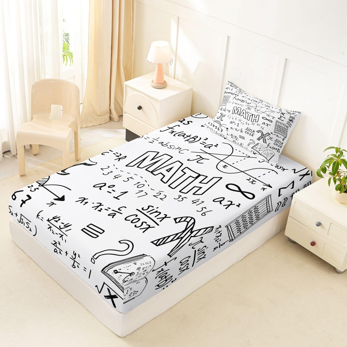 Erosebridal Chemistry Lab Fitted Sheet Twin Size Chemical Equation Bed Sheets for Boys Girls Chemical Elements Science Theme Bed Set Teens Kids Science Students Bedding Set School Dorm Room Decor