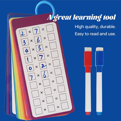 15-Piece Multiplication Flash Cards (0-12) with 2 Erasable Pens (Blue/Red) & 2 Binder Rings - Times Table Learning Set for Classroom or Home