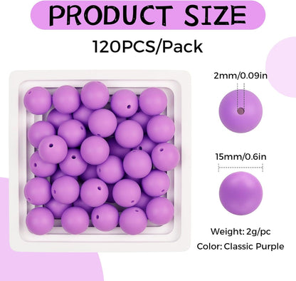 120PCS FIVEIZERO Silicone Beads for Keychain Making, 15mm Glacier Gray Round Silicone Rubber Focal Beads Bulk for DIY Crafts, Bracelets, Necklaces, and Pens