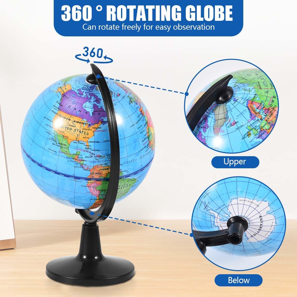 KISEER Rotating World Globe 6 Inch Spinning Earth Globe with Stand for Kids Learning Geography Classroom Education or Office Home Decorations