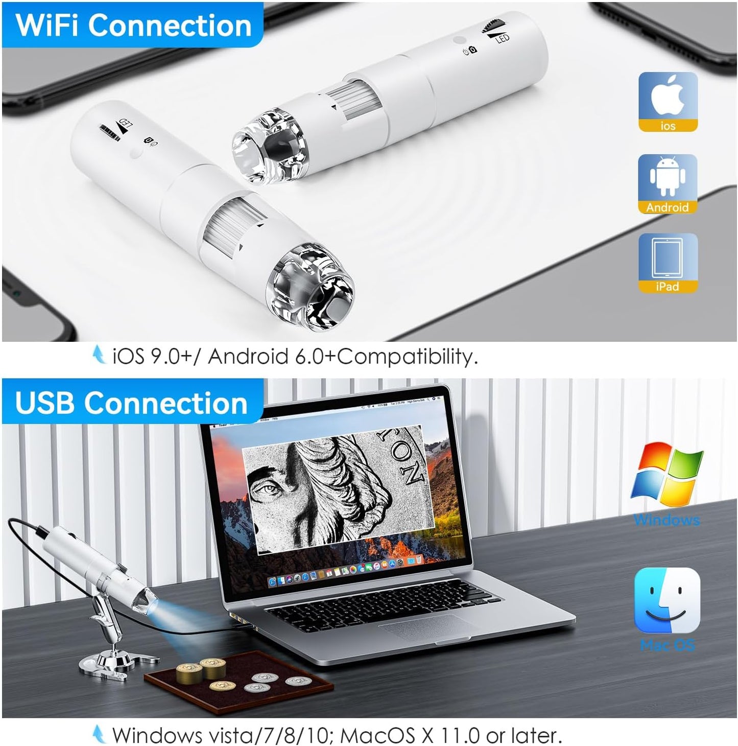Wireless Digital Microscope, Skybasic 50X-1000X Magnification WiFi Portable Handheld Microscopes with Adjustable Stand HD USB Microscope Camera Compatible with iPhone Android iPad Windows Mac Computer