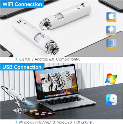 Wireless Digital Microscope, Skybasic 50X-1000X Magnification WiFi Portable Handheld Microscopes with Adjustable Stand HD USB Microscope Camera Compatible with iPhone Android iPad Windows Mac Computer