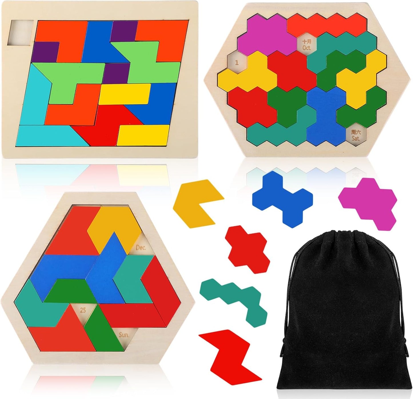 Yunsailing 3 Pack Large Hexagon Tangram Puzzle Wooden Brain Puzzles for Adult Challenge Wood Russian Blocks Brain Teasers Geometric Jigsaw Block Logic Iq Stem Family Graduation Gifts(Vintage)