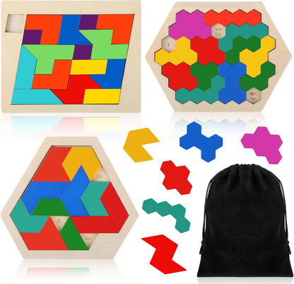 Yunsailing 3 Pack Large Hexagon Tangram Puzzle Wooden Brain Puzzles for Adult Challenge Wood Russian Blocks Brain Teasers Geometric Jigsaw Block Logic Iq Stem Family Graduation Gifts(Vintage)