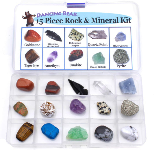 DANCING BEAR Rock, Mineral & Geodes Treasure Hunt Activity Kit (250 Pc Set) Real Shark Teeth Fossils, ID Sheet & Rock Book, STEM