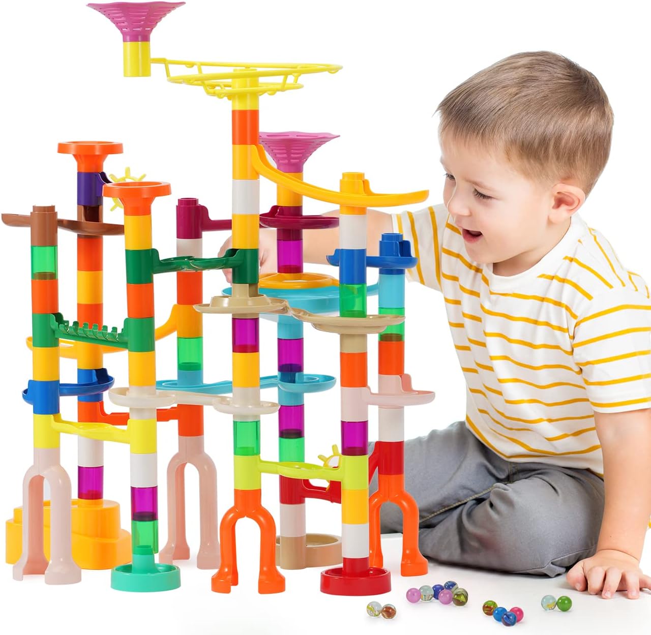 MaxTronic Marble Run Toy, 110pcs Marble Maze Kit STEM Educational Learning Toy for Kids, Mable Race Construction Railway Building Blocks with 60 Marbles Birthday Gift for Boys Girls 3-12 Years Old