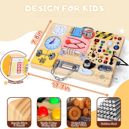 Busy Board with LED Light Switches, Montessori Toys for 1 2 3 Years Old, Toddlers Wooden Toy Sensory Activity Board, Travel Toys for 1+ Year Old Boy & Girl Birthday Gift