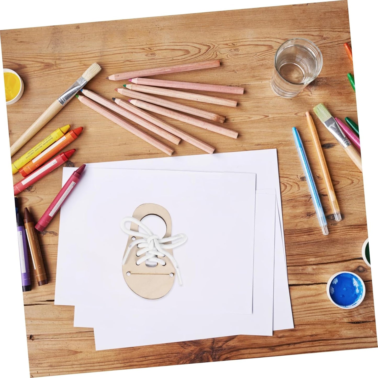 Veemoon 5sets DIY Practice Shoe Lacing Wood Chips Craft Toys for Boys and Girls Unfinished Wood Pendant Ornament Craft Decoration Funny Puzzle