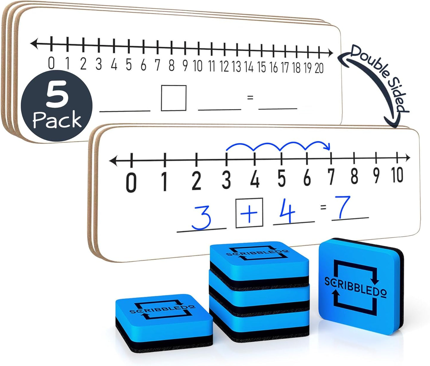 SCRIBBLEDO 5 Pack Dry Erase Number Line White Boards 4x12Inch Lapboard Durable Portable Double Sided Numbers 1 Thru 10 and 20 Math White Board for Kids Students Classroom Whiteboard Math Manipulatives