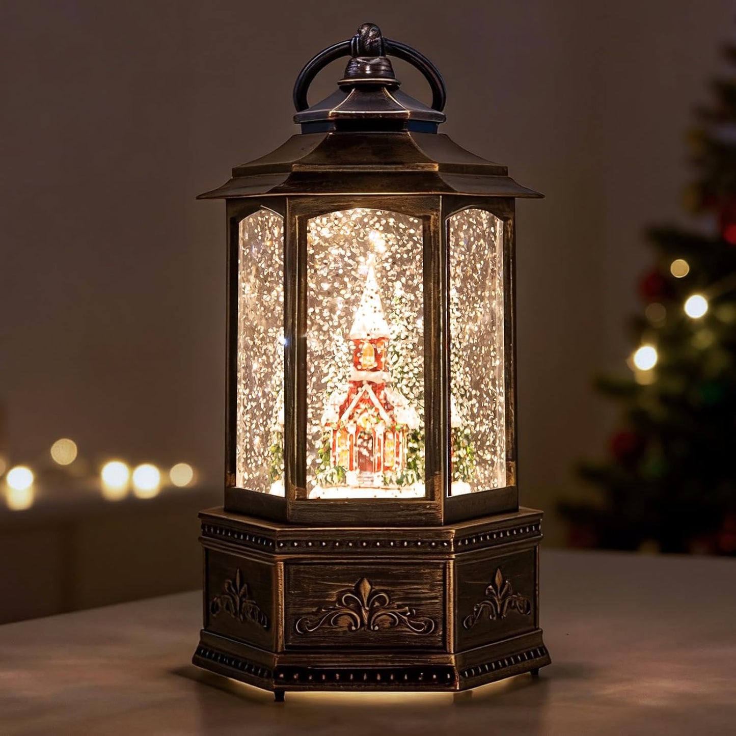 Christmas Snow Globes Lantern, Church and Christmas Tree Christmas Decorations Indoor, 6H Timer Battery & USB Powered Light Up Musical Snow Globes for Kids Women Adults Gift Thanksgiving Home Decor