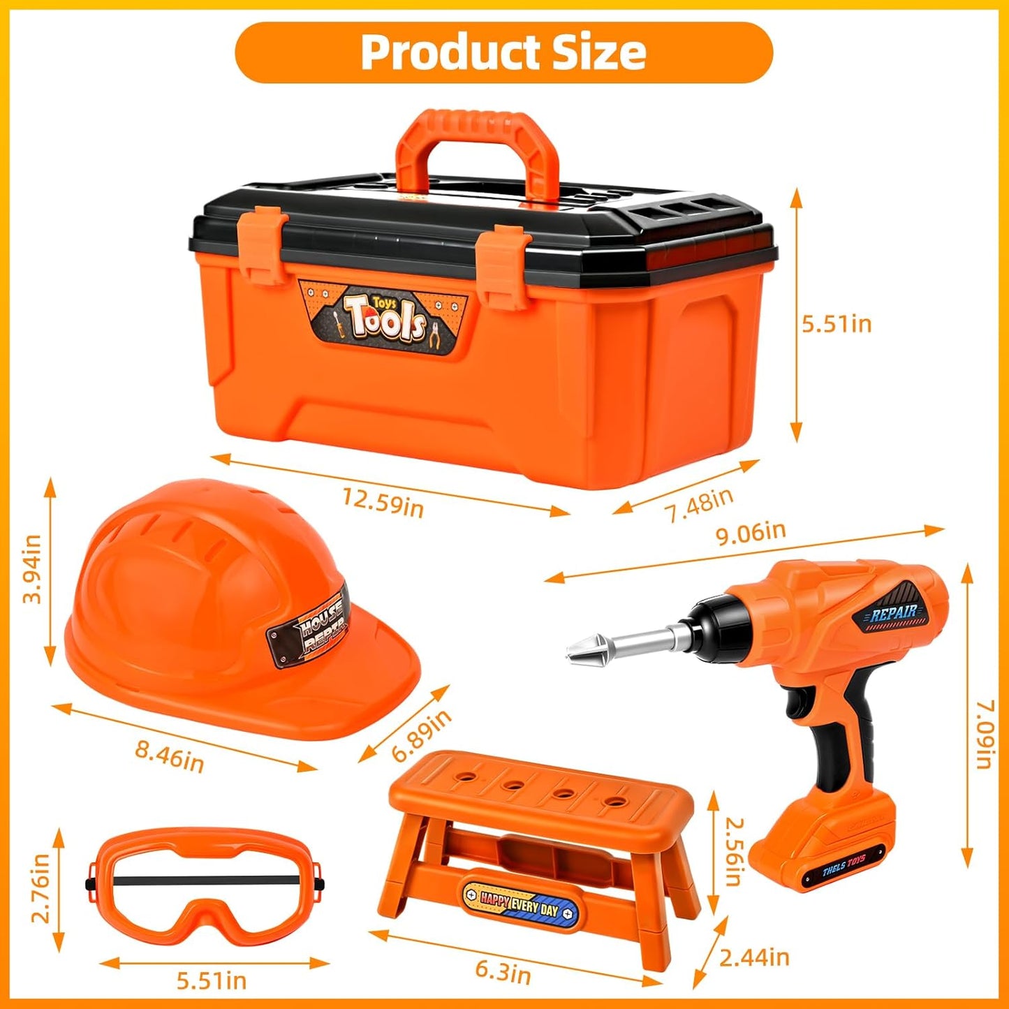 Kids Tool Set 49 PCS, Portable Tool Bag with Battery Powered Toy Drill & Adjustable Belt, Pretend Play Toddler Tool Set, Construction Toys for Boys & Girls Age 3-8, STEM Gifts