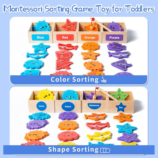 Montessori Fishing Game for Toddler 1-3,Wooden Magnetic Fishing Game,Early Educational-Shape & Color Sorting Toy for Kid 3-5,Preschool Learning Fine Motor Skill,Classroom Matching Activity