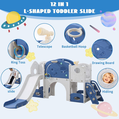 11in 1 Toddler Slide, Kid Slide for Toddlers Age 1-3 with Telescope, Basketball Hoop, and Telescope, Indoor Outdoor Playset Playground Blue Grey