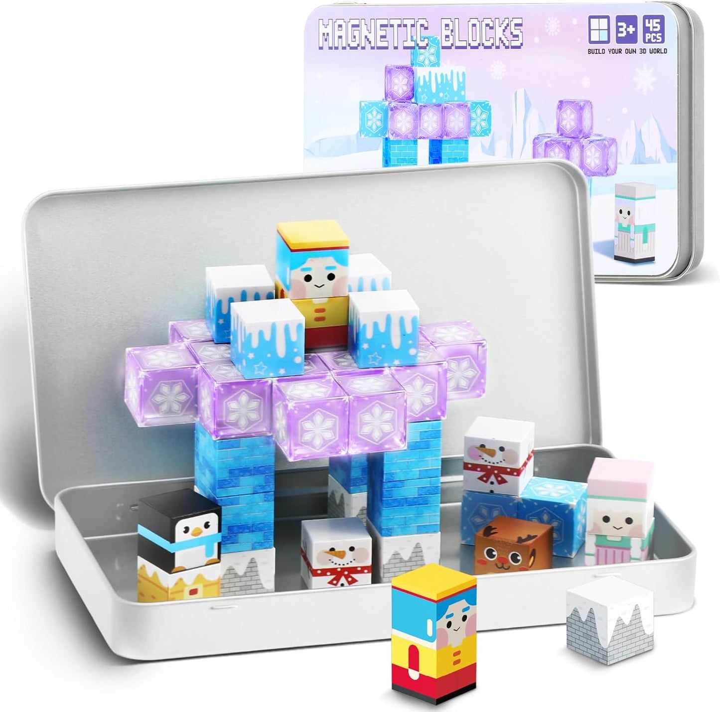 QOUBAI 45PCS Mini Magnetic Blocks Travel Toys, Magnet Building Cubes Tiles Set with Portable Iron Case, Learning Activities Gifts for Kids Toddlers Boys & Girls Ages 3-8 (Construction)