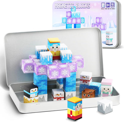 QOUBAI 45PCS Mini Magnetic Blocks Travel Toys, Magnet Building Cubes Tiles Set with Portable Iron Case, Learning Activities Gifts for Kids Toddlers Boys & Girls Ages 3-8 (Construction)