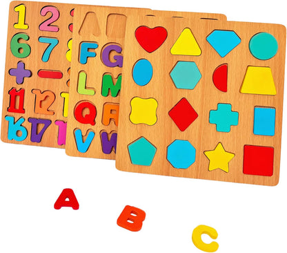 3PCS Wooden Alphabet, Number & Shape Puzzles for Toddlers – Educational Learning Toy (Choose from 3 Combinations) (Alphabet, Number & Shape)