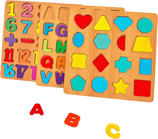 3PCS Wooden Alphabet, Number & Shape Puzzles for Toddlers – Educational Learning Toy (Choose from 3 Combinations) (Alphabet, Number & Shape)