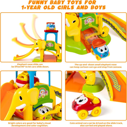 Marstone Toddler Toys for 1 2 Year Old Boys and Girls Gifts: Educational Elephant Slide with 4 Animal Car Toys for Baby 12-18 Months, First Birthday Gifts for Kids, Learning Push Truck Tracks Age 1-2