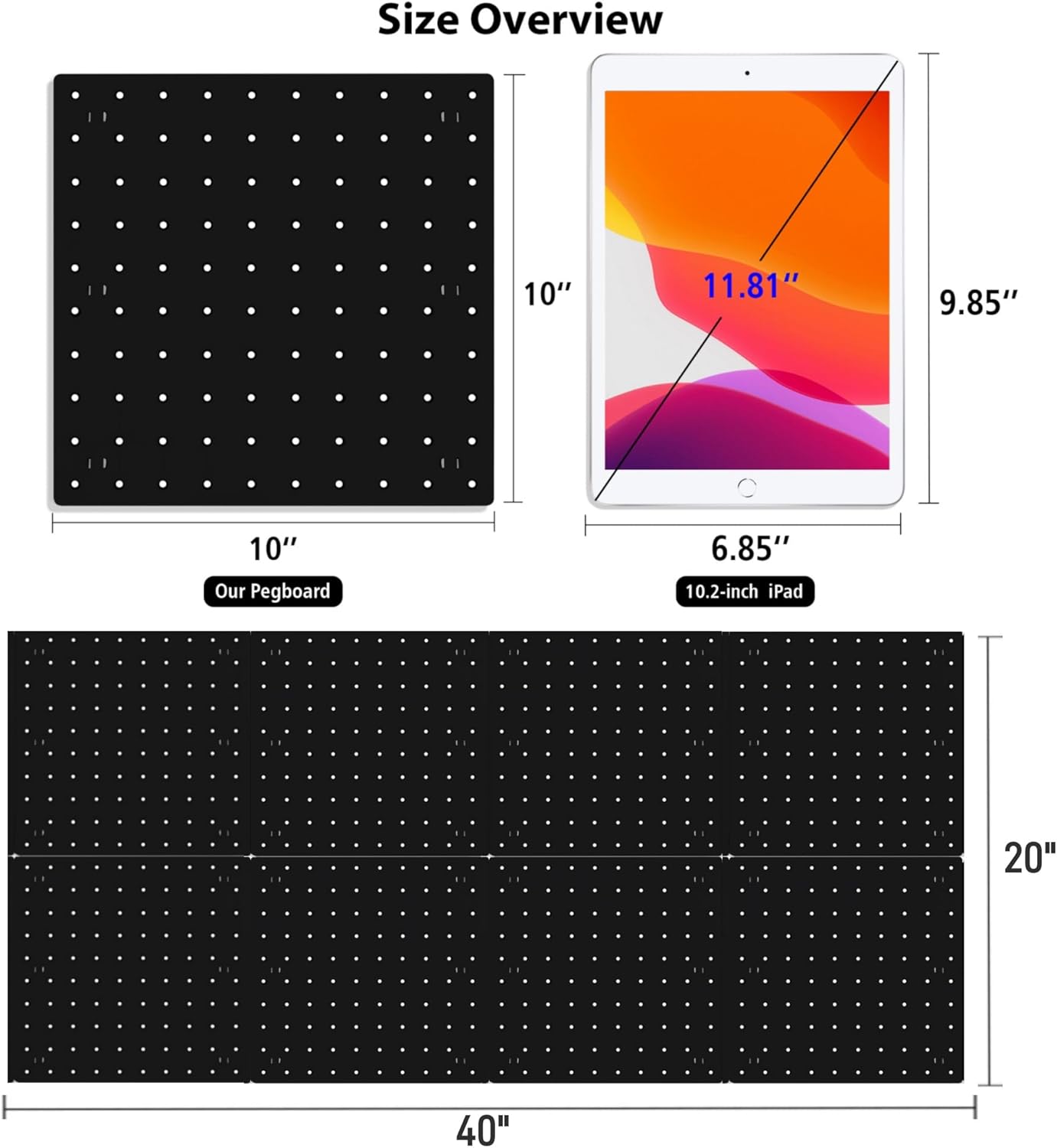 4Pcs Peg Board, Black Pegboard Wall Organizer Panels Wall Mount, ABS Pegboard for Craft Room Garage Kitchen Workshop, ABS Peg Boards Easy Installation