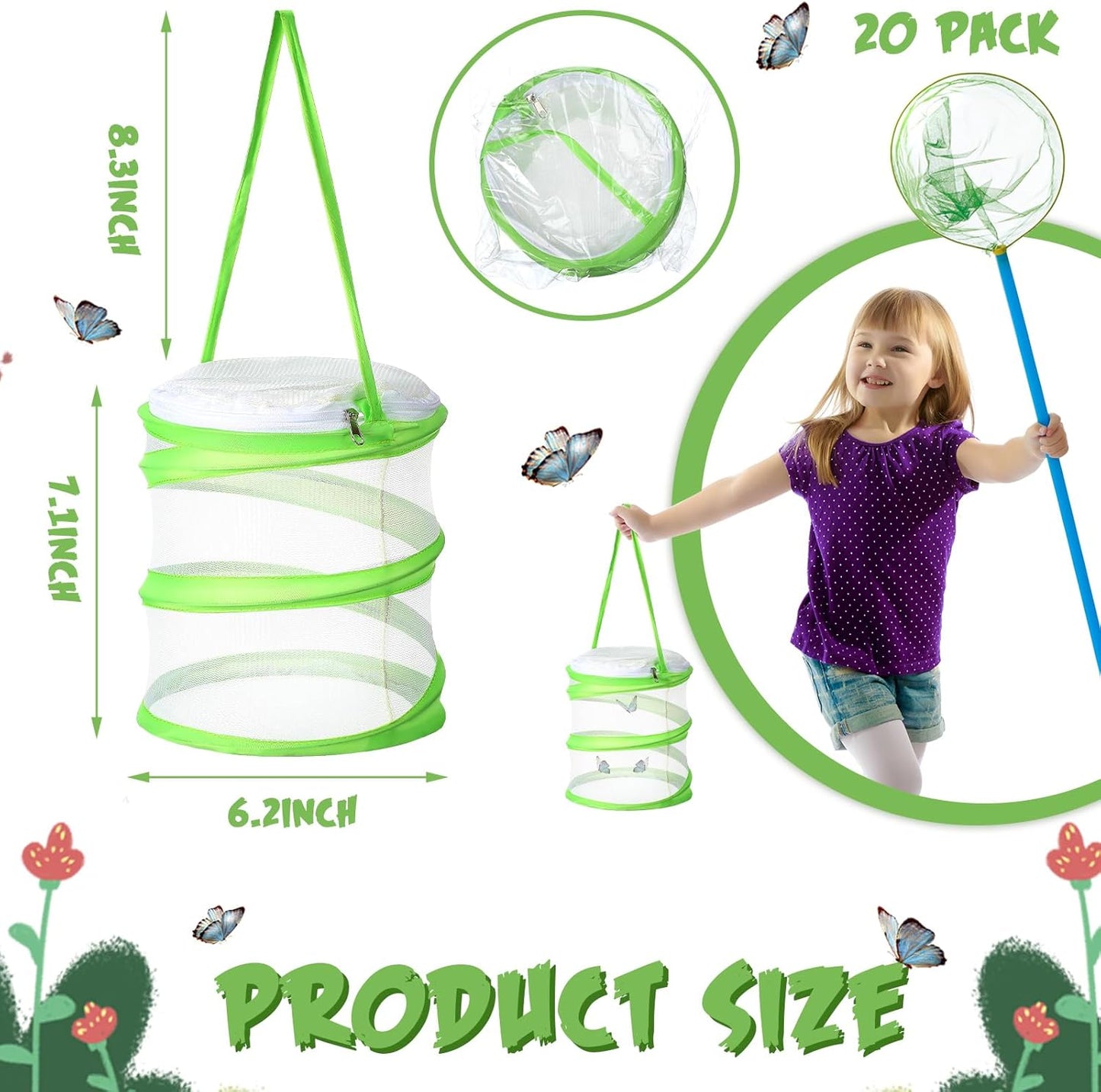 Sherr Mini Butterfly Habitat Cage Clear Mesh Butterfly Net Cage Container Foldable Terrarium, 6.2x7.1inch