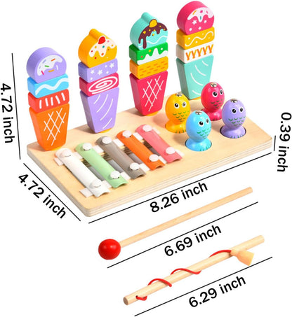 Wooden Montessori Toys for 3 Year Old，Shape Sorter Stacking Games, Fishing Games Preschool Learning Educational Toys for Boys Girls Toddlers (Little Bee)