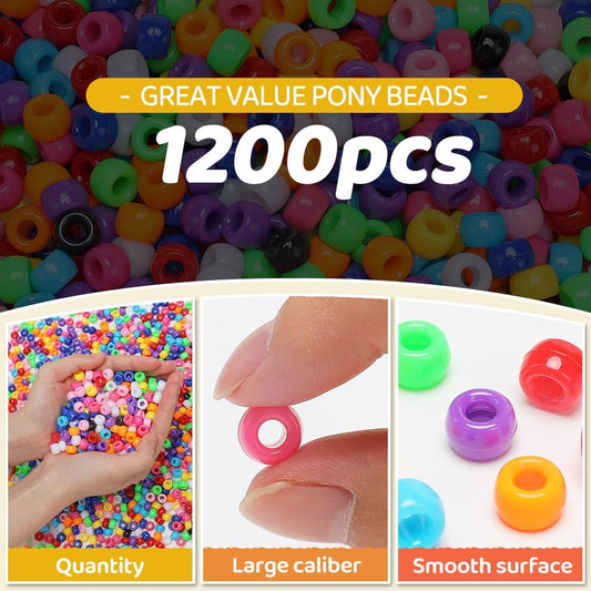 1200pcs Pony Beads Bulk – 11 Colors 6x9mm Plastic Craft Beads for Bracelets, Jewelry, Hair Braiding & DIY Projects