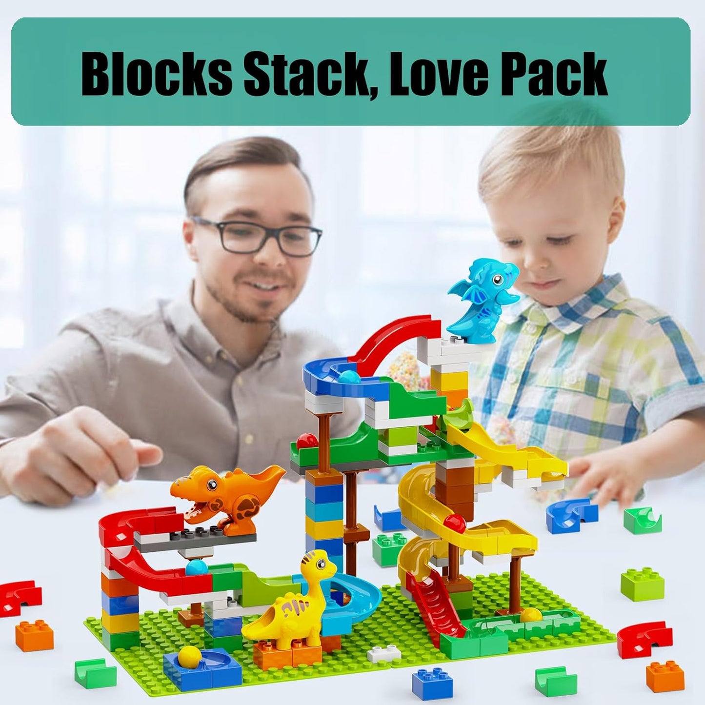 Building Blocks for Kids Toddlers 3 4 5 6 7 8+ Year Old, 127-piece Large Classic Building Bricks, Dinosaur Marble Run with 2 Baseplate for Boys Girls All Ages, Compatible with All Major Brands