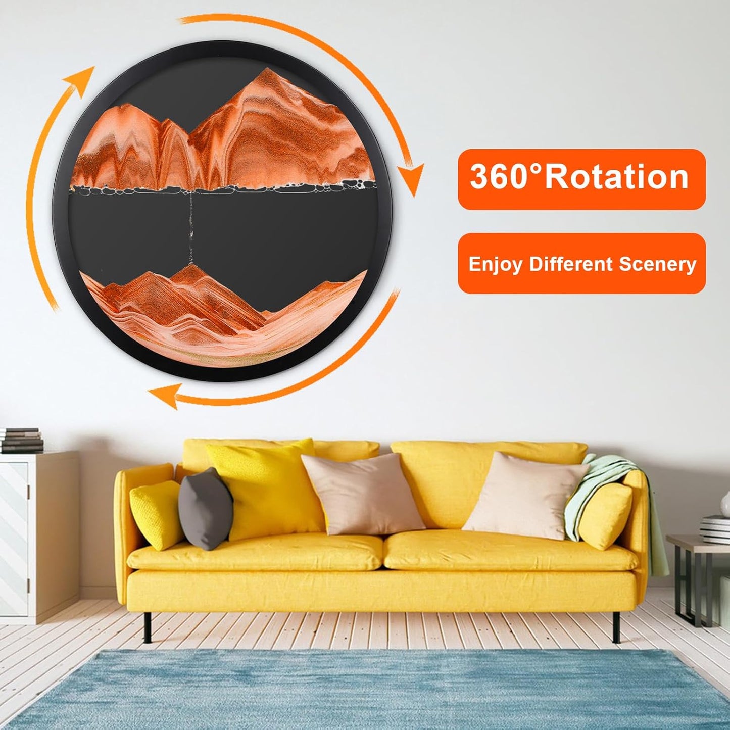 17.3" Moving Sand Art, 3D Sand Art Pictures Deep Sea Sandscape Living Room Decoration, 360° Rotate, Glass Crafts Solid Wood Frame, Relaxing Mood Home Office Work Wall Art Decor