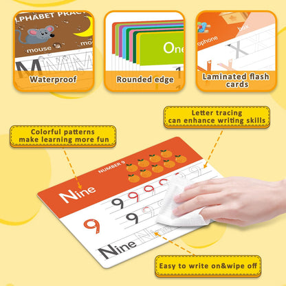 Dry Erase Alphabet & Number Practice Boards for Kids – A-Z Letters & Numbers 1-10, 18 Double-Sided Reusable Sheets (36 Pages), 11x8.5, Preschool, Kindergarten & Homeschool Writing Practice Tool
