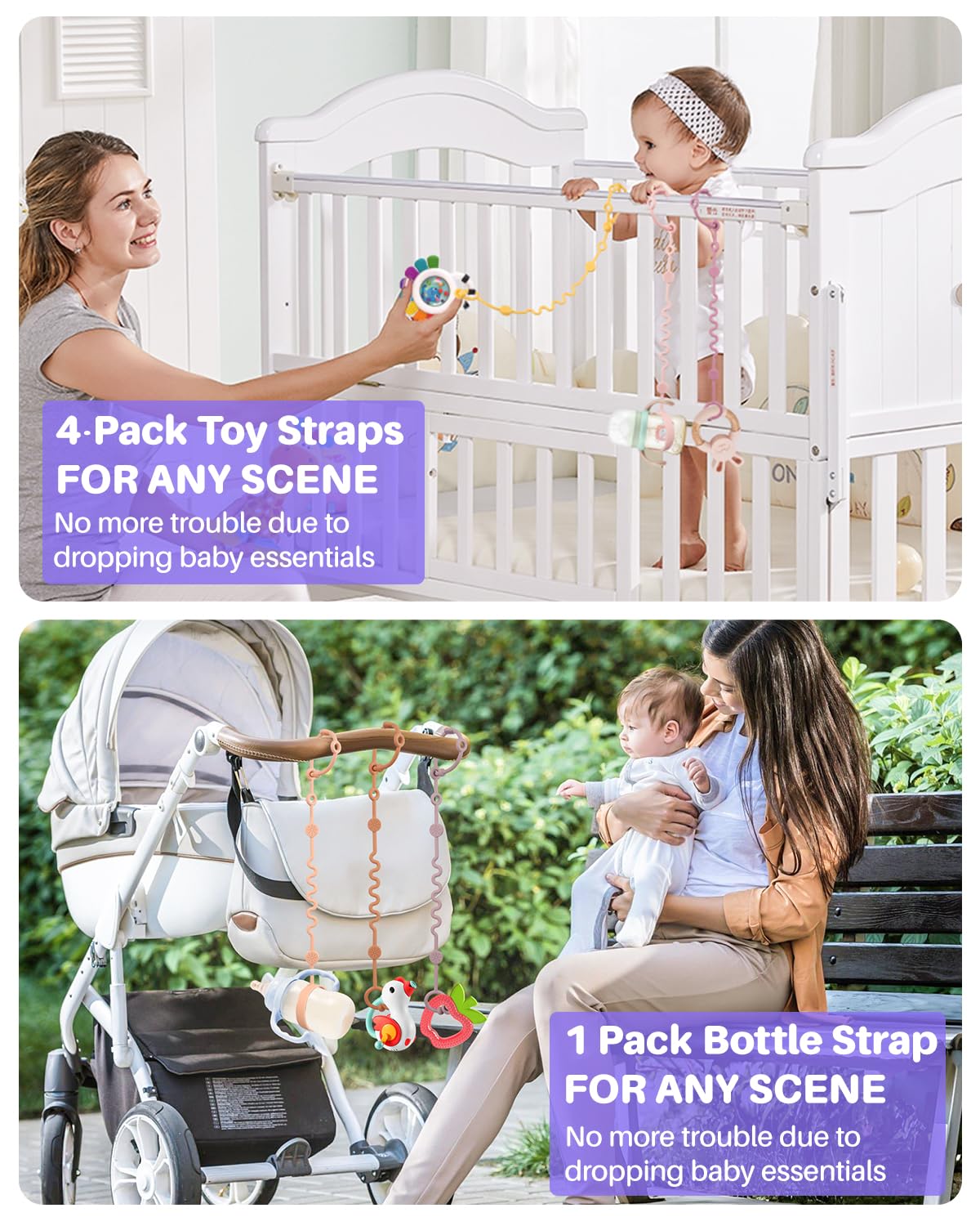 LittleHugs Toy Straps for Baby, 5pcs Adjustable Toy Holder for Stroller Accessories, Silicone Tether Pacifier Clip, No Throw Travel Essential Leash for High Chair, Car Seat (5-Pack)