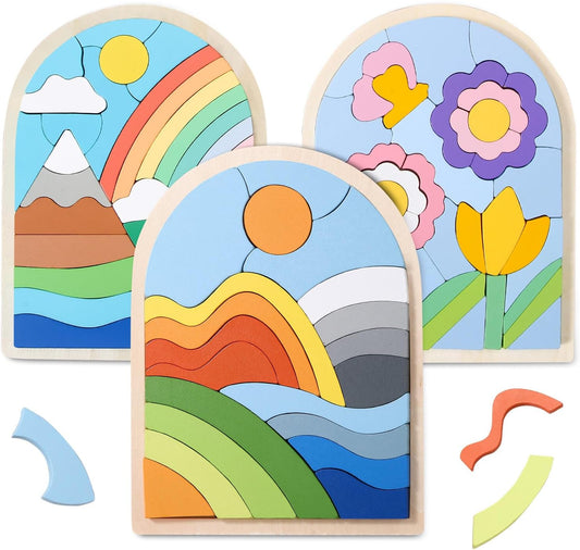 Montessori Wooden Shape Puzzles - Color Matching & Cognition Fun for Kids Over 3 Years Old, with Rainbow Blocks & Themes, Fine Motor Skill Building Toys & Gifts (3 Pack Colorful)