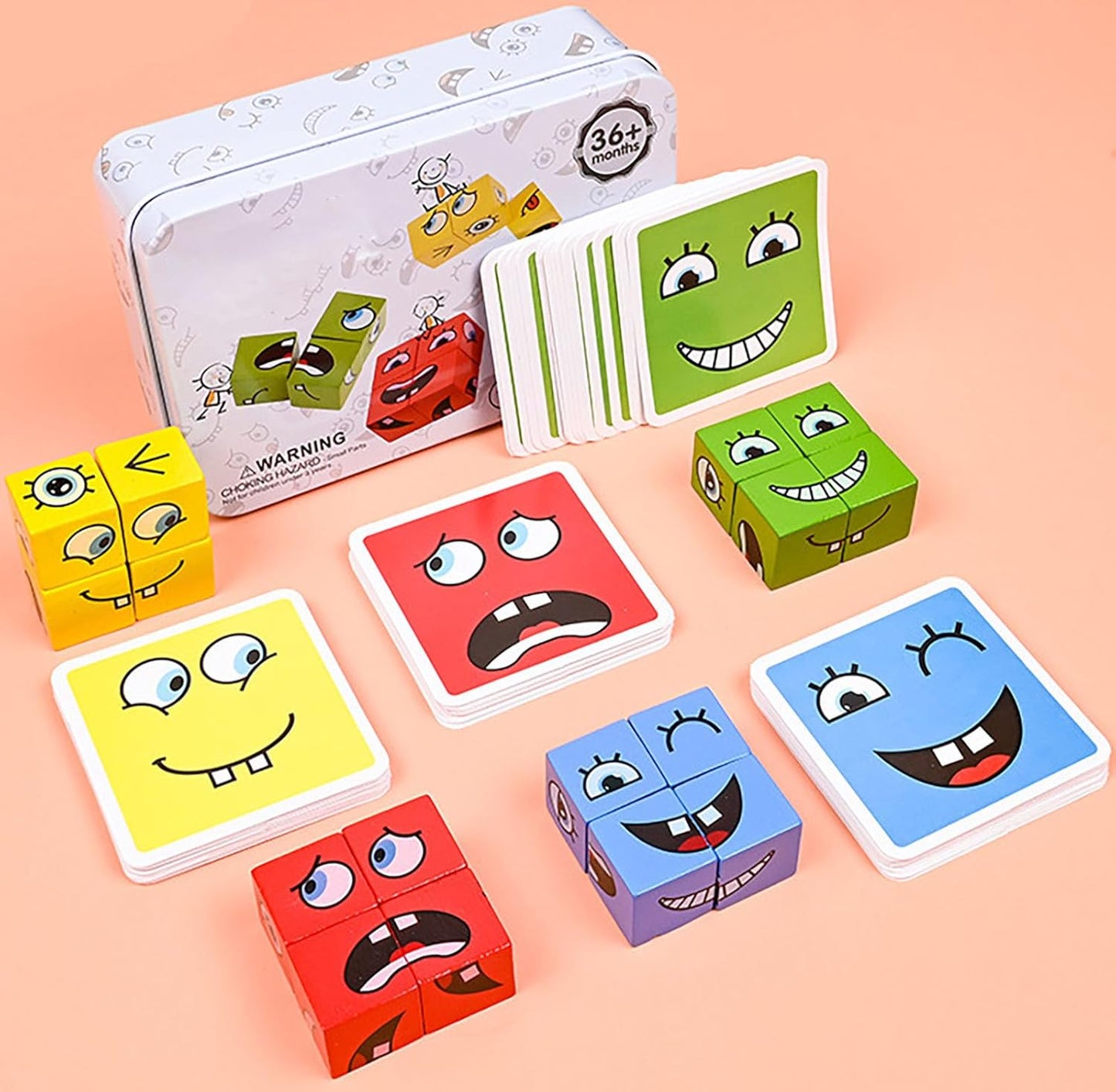 Large Wooden Face Expression Puzzle Building Cubes Manipulatives Face Changing Magic Cube Puzzles Matching Game with Bell Logical Thinking Training Brain Educational Montessori STEM Toys