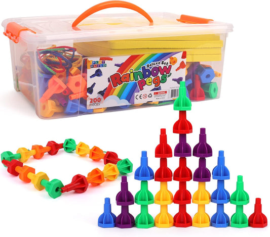 Rainbow Pegs and Board Deluxe 200pc Set, Montessori Baby Toys, Stacking and Lacing Pegs, Baby and Toddler Toys, Play and Learn STEM Toy, Fine Motor Skills, Ages 3+