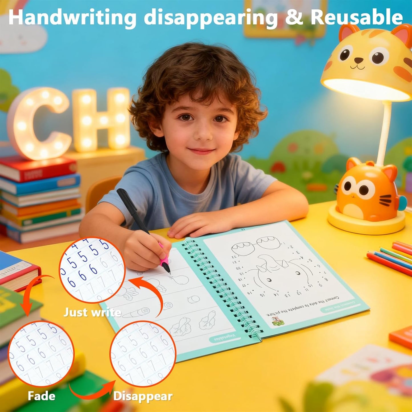 Magic Grooved Writing Practice Books, Handwriting Practice Magic Copybook for Kids Ages 3-8, Large Grooved Writing PracticeBook Aid Magic Pen Reusable Letter Learning Kit, Kindergarten Workbooks