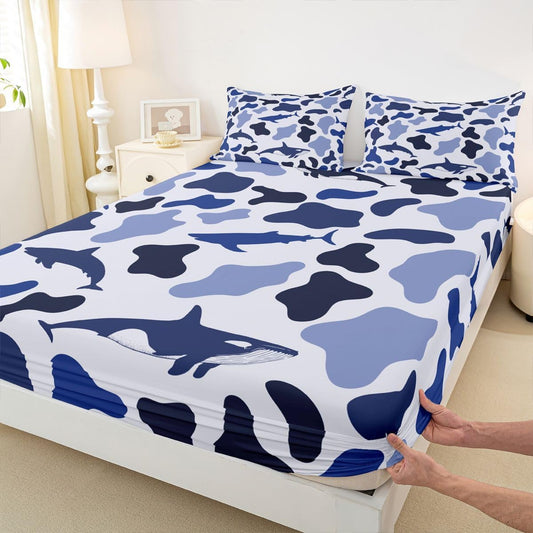 Manfei Musical Kids Fitted Sheet Full Size, MusicalGuitar Radio Drum Kit Headset Print Bedding Set 3pcs for Boys Girls, Rock Music Bed Cover with 2 Pillowcases, Soft Polyester Bedding, No Top Sheet