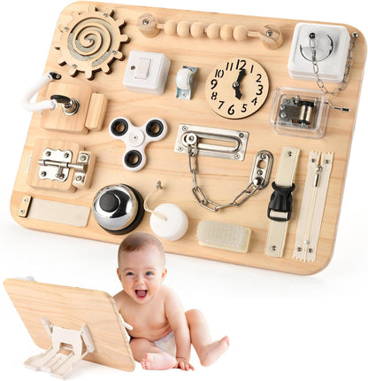 Potatomato Montessori Large Busy Board for 1 2 3 4 Year Old- Wooden Sensory Toys -Fidget Activity Board for Toddlers Boys and Girls- Motor Skills Gifts for ADHD & Autistic Children Kids