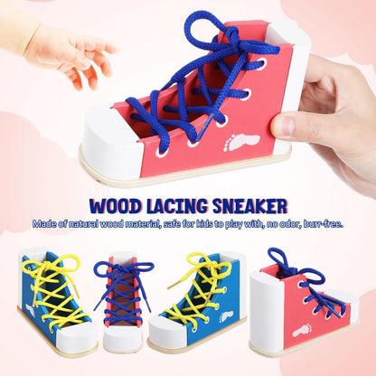 STOBOK 2pcs Learn to Tie Shoes for Kids with Wooden Lacing Sneaker Toy Tie-Up Shoe Practice Kit Threading Montessori Educational Toys (Blue + Pink)