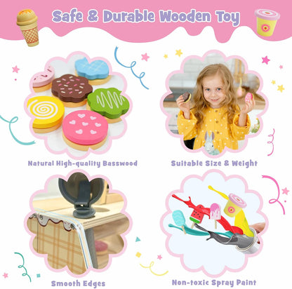 SIMPLIPLAY 2 in 1 Portable Wooden Ice Cream Toy & Cookie Play Set (63pcs), Slice and Bake Cookies, Scoop and Serve Ice Cream Counter with Pretend Play Food, Play Kitchen Accessories, Kids Gift Ages 3+