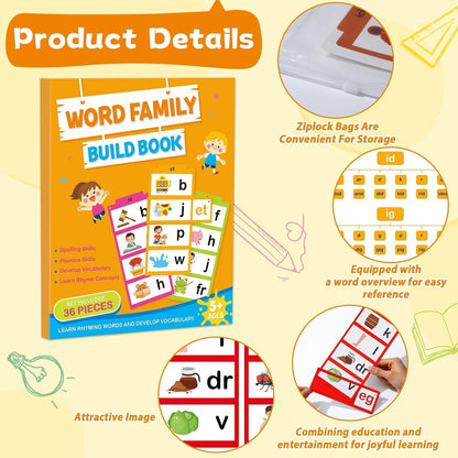 Word Family Build Book Read and Rhyme Activity Book Learn to Read Phonics Slide Flashcards Kindergarten Sight Word Flash Cards ABC Vocabulary Reading Games for Kids Homeschool Education