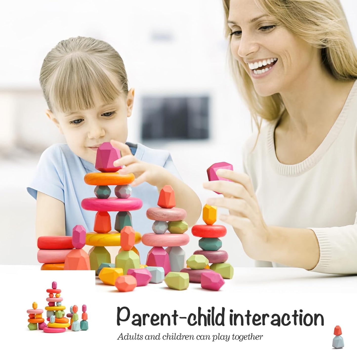 OESSUF Stacking Rocks 48Pcs Stacking Blocks Balancing Stacking Stones Wooden Building Toys Wood Stone Stacking Game for Toddler Sorting Preschool Educational Montessori Stacking Rocks for Kids