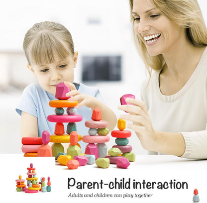 OESSUF Stacking Rocks 48Pcs Stacking Blocks Balancing Stacking Stones Wooden Building Toys Wood Stone Stacking Game for Toddler Sorting Preschool Educational Montessori Stacking Rocks for Kids