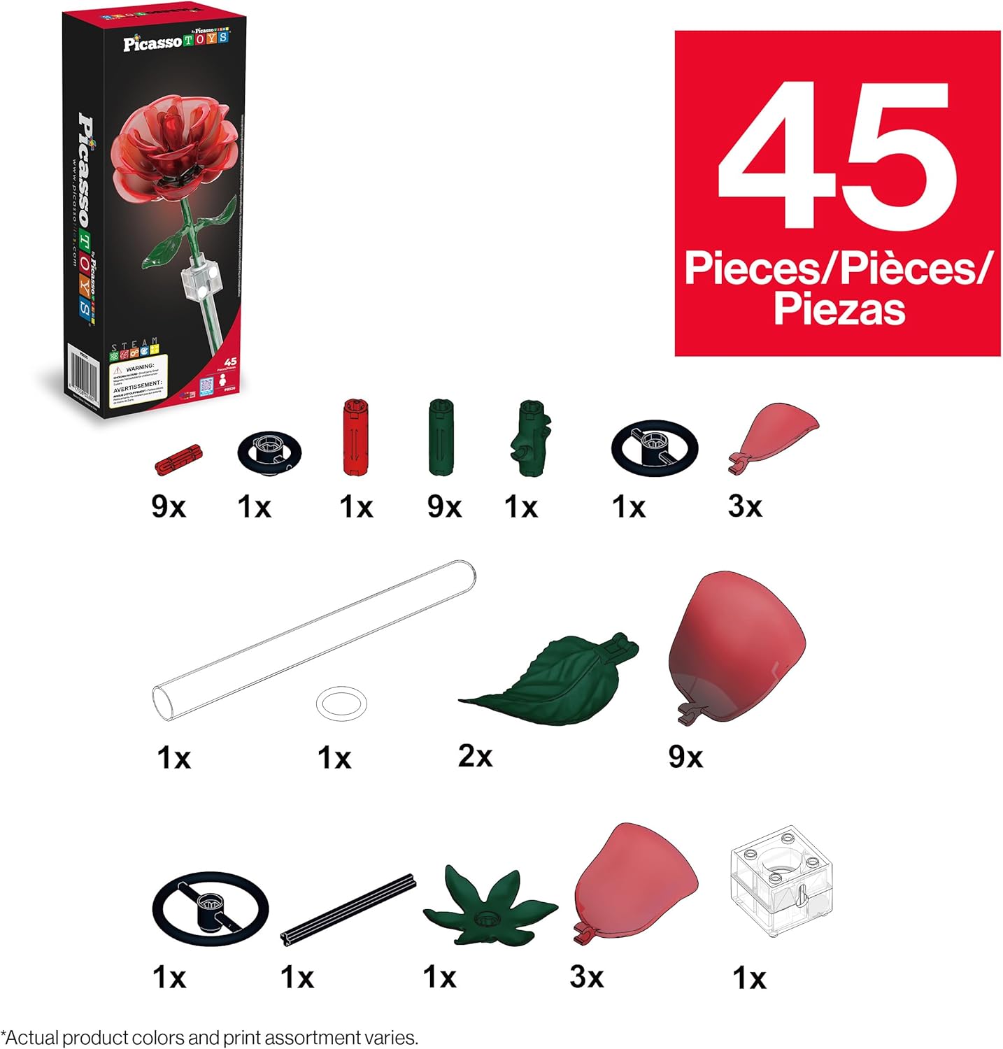 PicassoTiles Red Stem Rose Building 45pc Set With Magnetic Hold Piece Creative Hands-On Play Discovery Activity Kit Room Decor Gifts For Mother’s Day Present Display Flower Boys Girls Kid Age 3+ PBS20