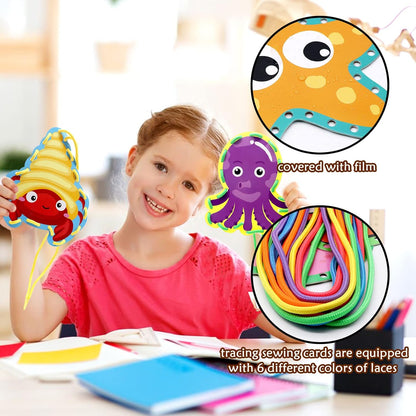 Sea Animals Lacing Cards Sewing Cards For Kids 12 Pack Shark Whale Ocean Theme Party Decor Double Sided Cardboard Lacing Playing Games for Preschool Home Developing Imagination Education Supplies