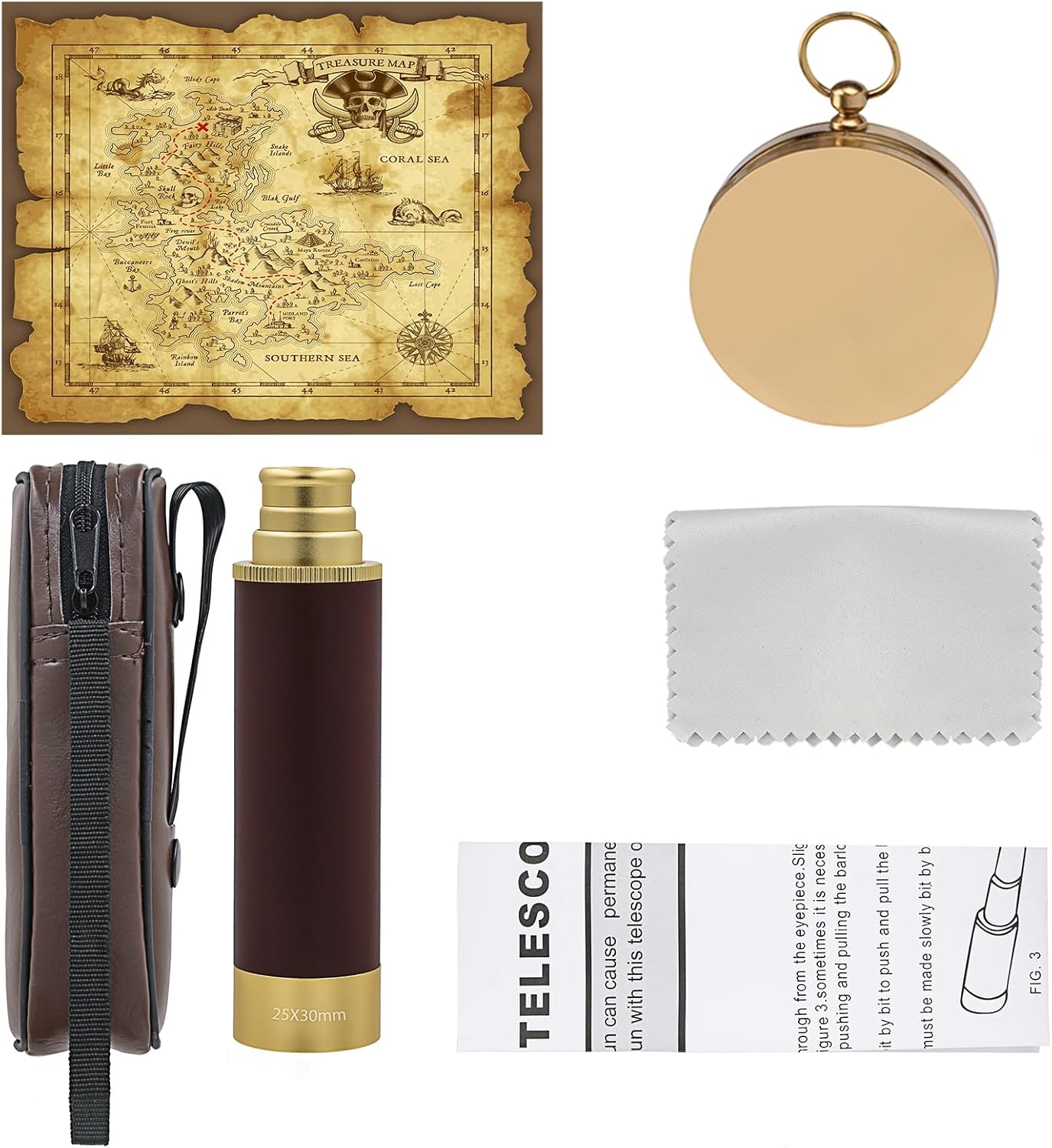 Retro Pirate Telescope Zoomable with Treasure Map 25x30 Spyglass Portable Collapsible Handheld Telescope Vintage Monocular for Kids & Survival Gear Compass Pocket Military Compass