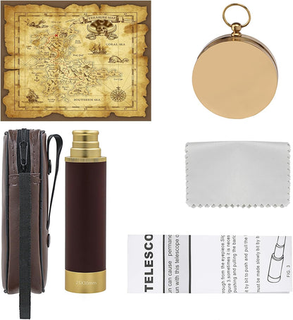 Retro Pirate Telescope Zoomable with Treasure Map 25x30 Spyglass Portable Collapsible Handheld Telescope Vintage Monocular for Kids & Survival Gear Compass Pocket Military Compass