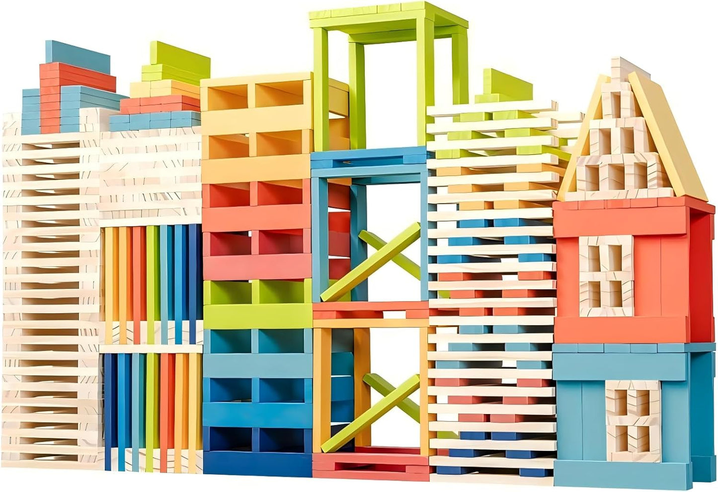 Premium 300 Pcs Natural Wooden Building Blocks for Kids Ages 3-12,Pine STEM Construction Toy - Open-Ended Classic Building Blocks Set for Castles, Bridges & Towers, Educational Learning Gift (4.7 in)