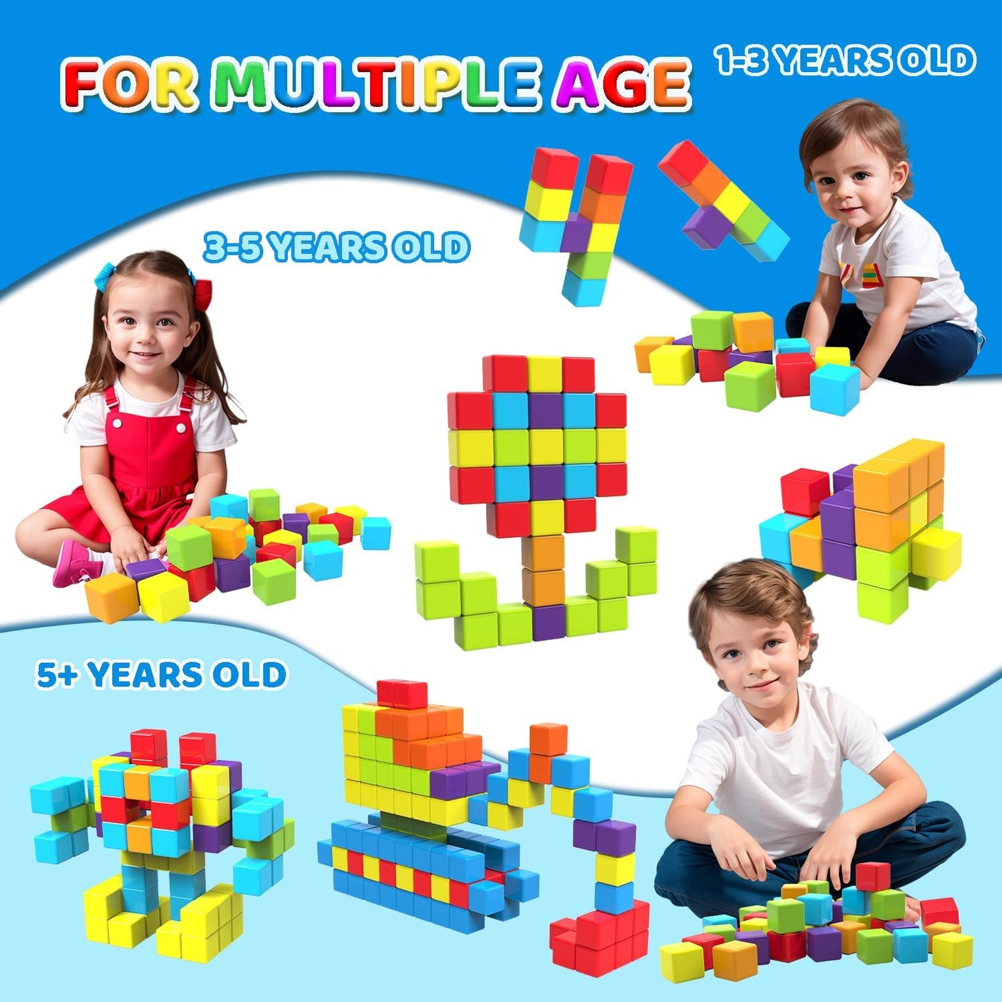 Magnetic Building Blocks Large, 1.65 inch Magnetic Stacking Cubes for Toddlers, Sensory & Montessori Toys for Boys & Girls 1 2 3 Years Old (12 PCS)