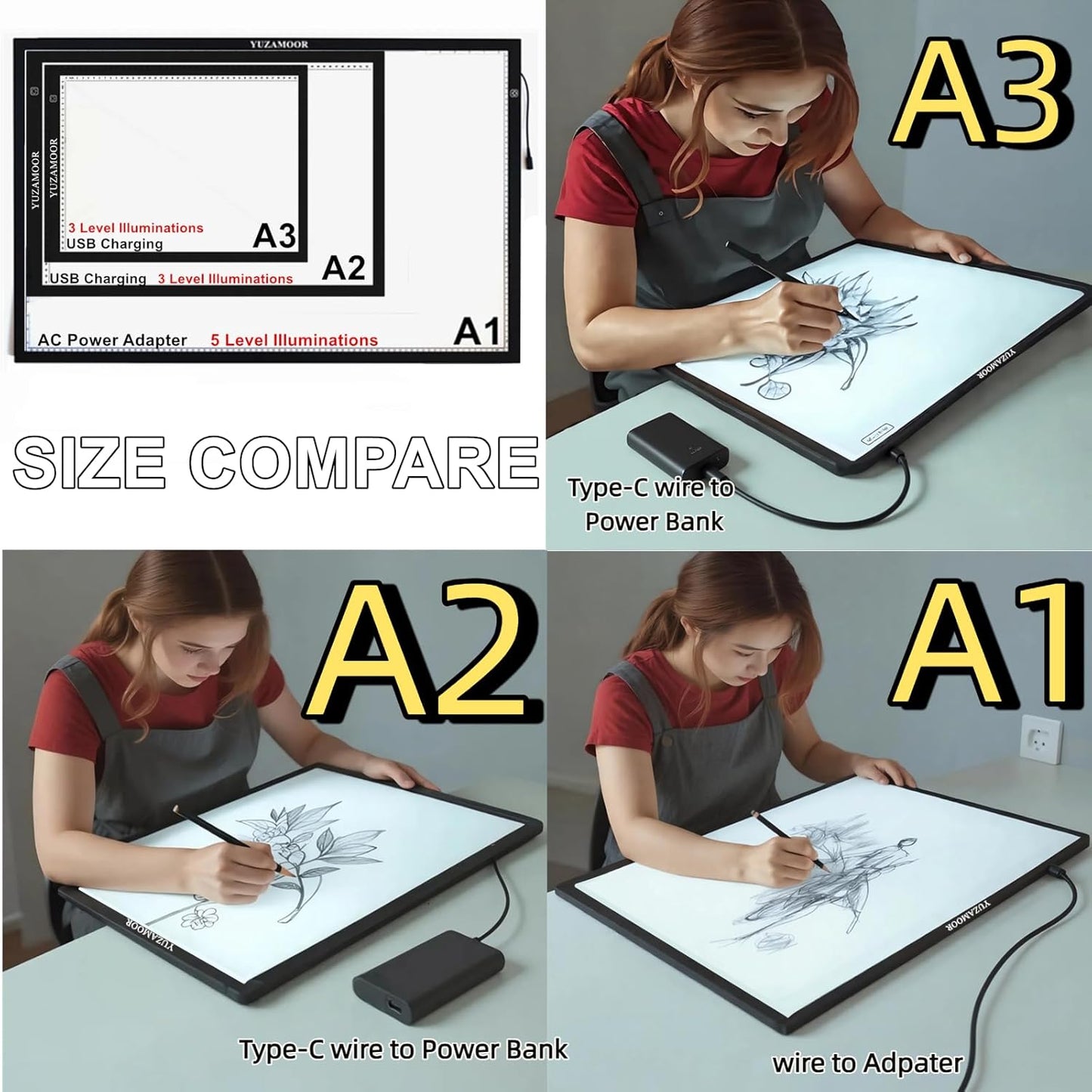 A3 LED Light Pad for Diamond Art, Sketching, Painting - Adjustable Brightness, Sketching, Tracing - USB Powered Complete Art Light Board Kit with Pad Stands and Clips