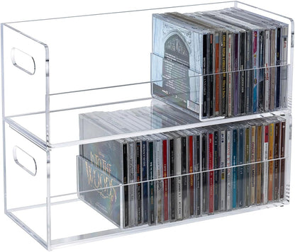 MyGift Modern Premium Clear Acrylic Stackable CD Holder Rack with Cutout Carrying Handles, Compact Disc Jewel Case Display Crate, Media Storage Organizer