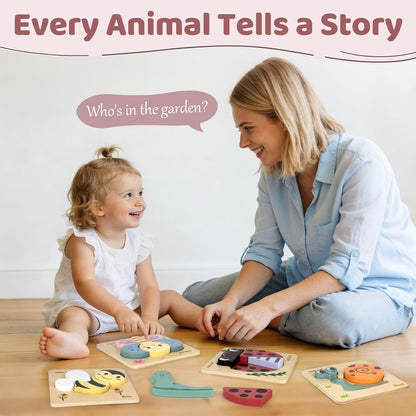 Wooden Puzzles for Toddlers 1 2 3 Year Old Animals Shape Puzzle Toys for Travel Airplane Gift for Kids Montessori Early Development Gifts for Baby Boys Girls with Drawstring Bag Pack of 4